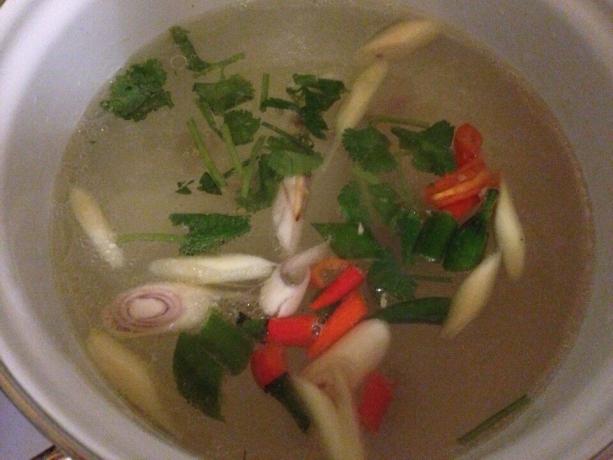 Principala caracteristică de supa la bulion inițial (am avut carne de pui), condimente bune fierbere și ardei iute (ne place ascuțite Tomczyk) 