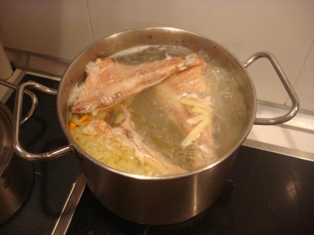 Imagine luată de autor (adăugați pește, cartofi, ceapă și morcovi în supă)