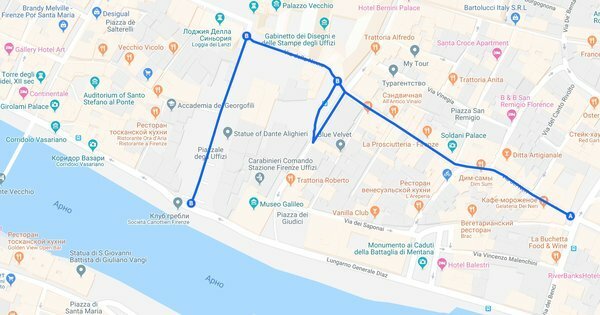 Teritoriul interdicției privind gustare pe străzile din Florența. Foto: captură de ecran maps.google.com